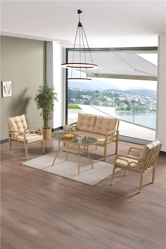 Evdemo Rio Rattan Bahçe Balkon Oturma Takımı 2+1+1+Camlı Masa Cappuccino