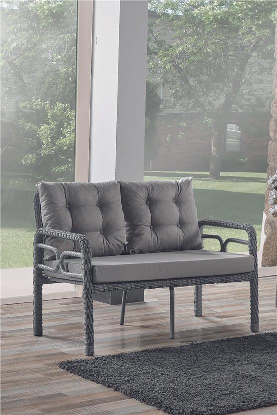 Evdemo Rio Rattan Bahçe Balkon Oturma Takımı 2+1+1+Camlı Masa Gri