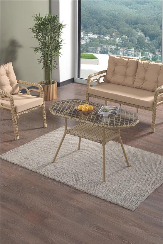 Evdemo Rio Rattan Bahçe Balkon Oturma Takımı 2+1+1+Camlı Masa Cappuccino