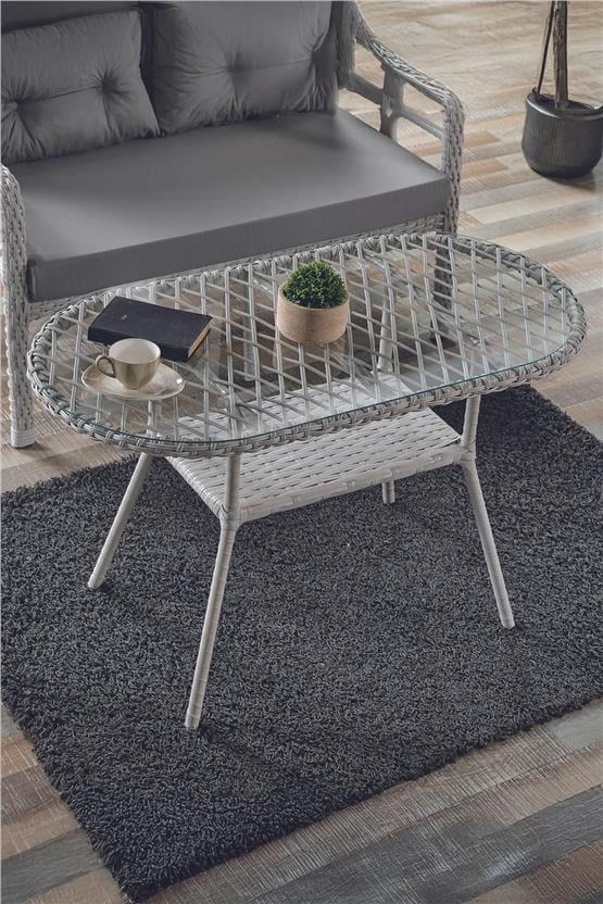 Evdemo Rio Rattan Bahçe Balkon Oturma Takımı 2+1+1+Camlı Masa Kemik Rengi