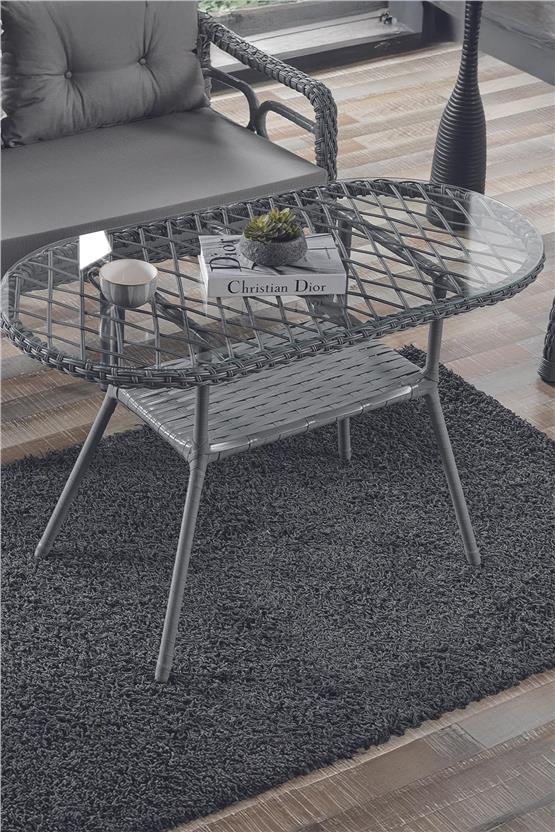 Evdemo Rio Rattan Bahçe Balkon Oturma Takımı 2+1+1+Camlı Masa Gri