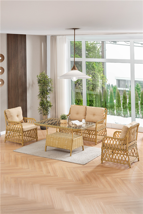 Evdemo Roma Rattan Bahçe Balkon Takımı 2+1+1 Cam Masalı Cappuccino