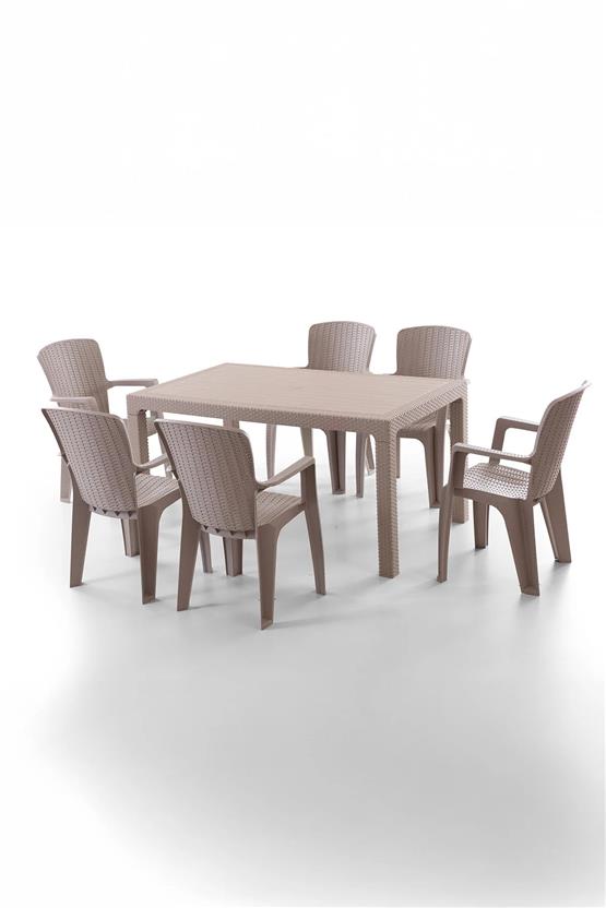 Evdemo Side 6 Kişilik Rattan Masa Sandalye Takımı Cappuccino