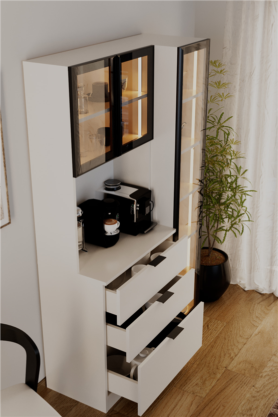 Evdemo Sierra Temperli Cam 3 Kapaklı Ledli Kahve Köşesi Mutfak Kiler Dolabı Beyaz