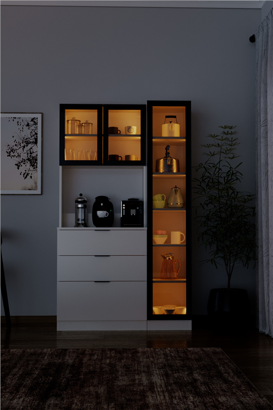 Evdemo Sierra Temperli Cam 3 Kapaklı Ledli Kahve Köşesi Mutfak Kiler Dolabı Beyaz