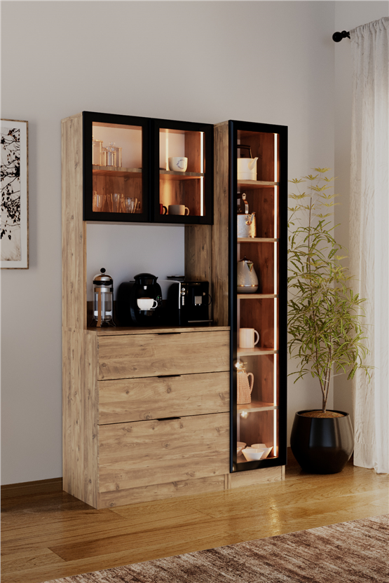 Evdemo Sierra Temperli Cam 3 Kapaklı Ledli Kahve Köşesi Mutfak Kiler Dolabı Çam