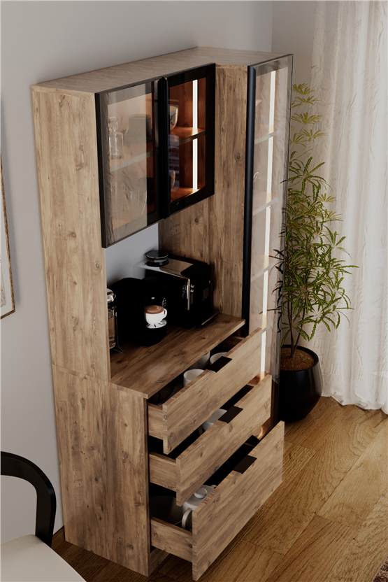 Evdemo Sierra Temperli Cam 3 Kapaklı Ledli Kahve Köşesi Mutfak Kiler Dolabı Çam