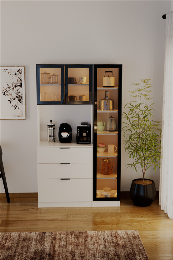 Evdemo Sierra Temperli Cam 3 Kapaklı Ledli Kahve Köşesi Mutfak Kiler Dolabı Beyaz