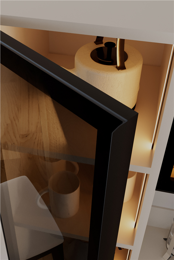 Evdemo Sierra Temperli Cam 3 Kapaklı Ledli Kahve Köşesi Mutfak Kiler Dolabı Beyaz