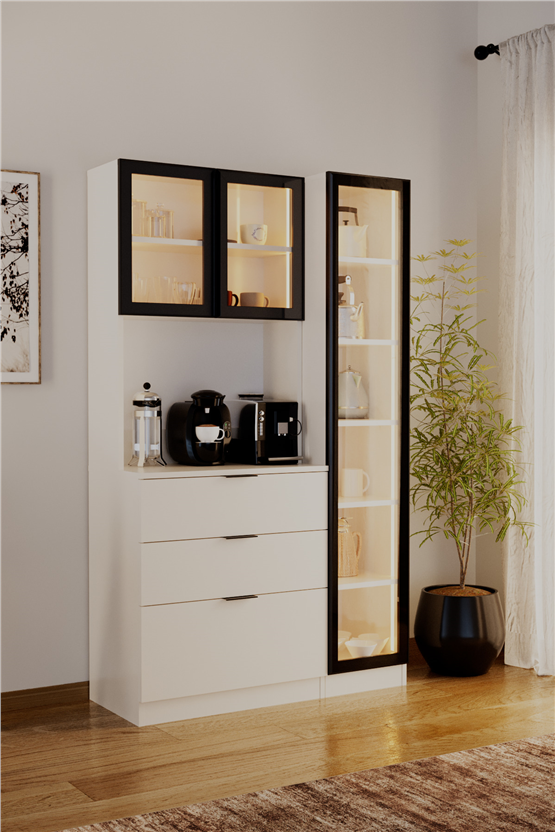 Evdemo Sierra Temperli Cam 3 Kapaklı Ledli Kahve Köşesi Mutfak Kiler Dolabı Beyaz