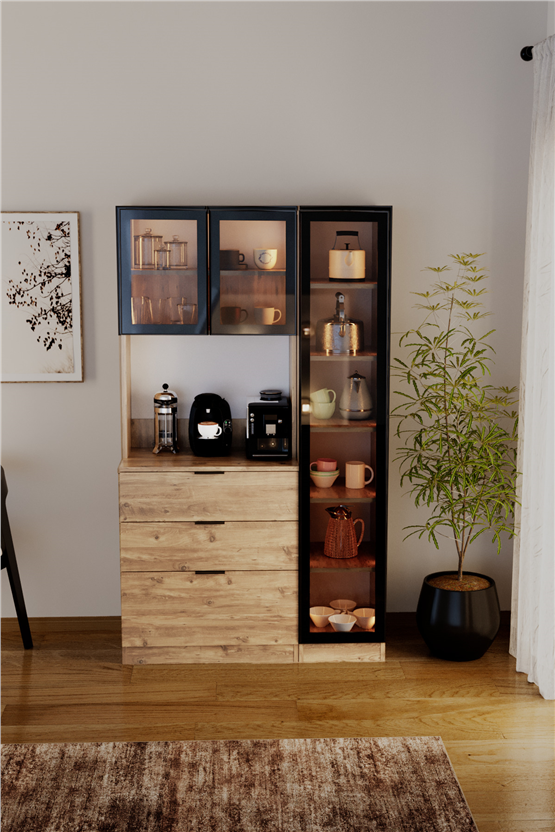 Evdemo Sierra Temperli Cam 3 Kapaklı Ledli Kahve Köşesi Mutfak Kiler Dolabı Çam