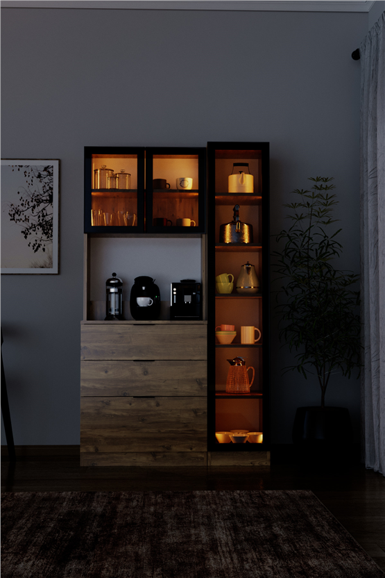 Evdemo Sierra Temperli Cam 3 Kapaklı Ledli Kahve Köşesi Mutfak Kiler Dolabı Çam