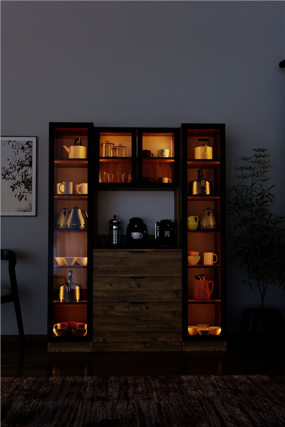 Evdemo Sierra Temperli Cam 4 Kapaklı Ledli Kahve Köşesi Mutfak Kiler Dolabı Çam