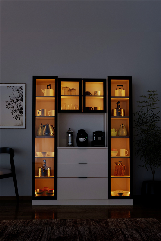 Evdemo Sierra Temperli Cam 4 Kapaklı Ledli Kahve Köşesi Mutfak Kiler Dolabı Beyaz