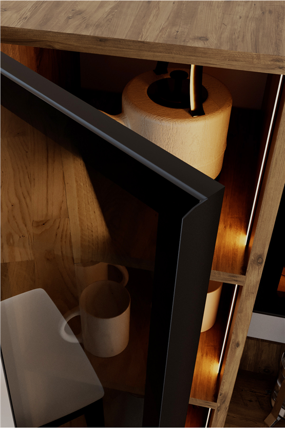 Evdemo Sierra Temperli Cam 4 Kapaklı Ledli Kahve Köşesi Mutfak Kiler Dolabı Çam