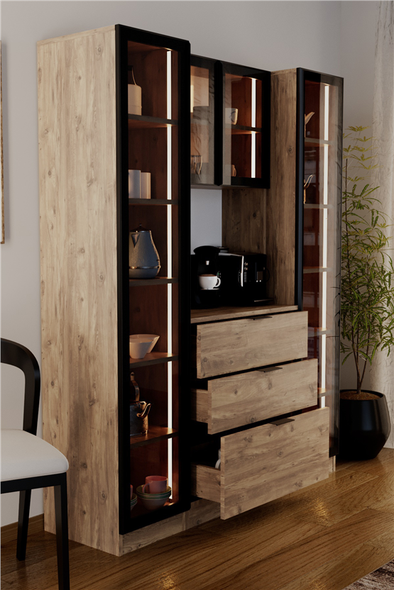 Evdemo Sierra Temperli Cam 4 Kapaklı Ledli Kahve Köşesi Mutfak Kiler Dolabı Çam