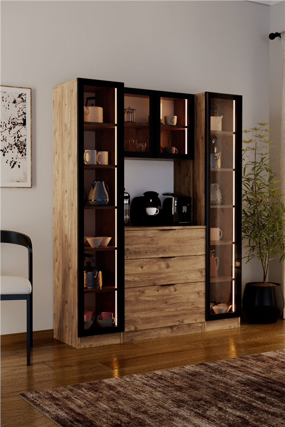 Evdemo Sierra Temperli Cam 4 Kapaklı Ledli Kahve Köşesi Mutfak Kiler Dolabı Çam