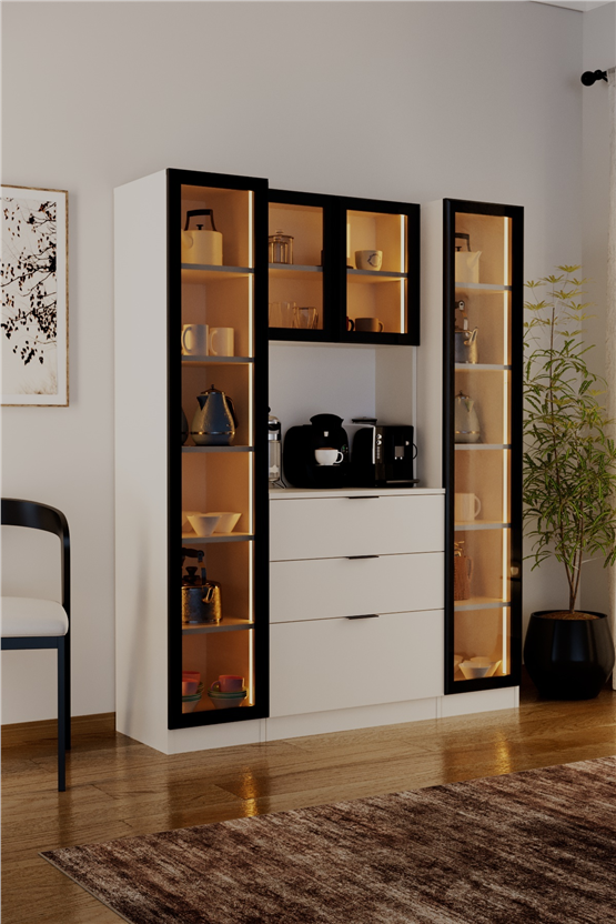 Evdemo Sierra Temperli Cam 4 Kapaklı Ledli Kahve Köşesi Mutfak Kiler Dolabı Beyaz