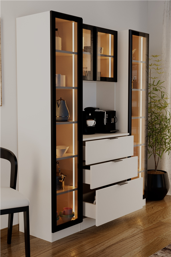 Evdemo Sierra Temperli Cam 4 Kapaklı Ledli Kahve Köşesi Mutfak Kiler Dolabı Beyaz