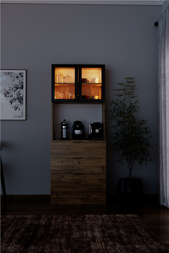 Evdemo Sierra Temperli Cam Kapaklı Ledli Kahve Köşesi Mutfak Kiler Dolabı Çam