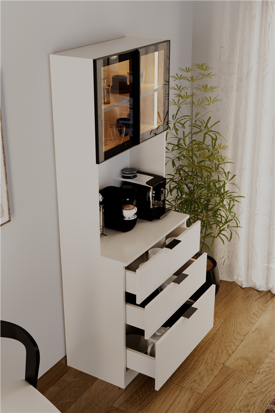 Evdemo Sierra Temperli Cam Kapaklı Ledli Kahve Köşesi Mutfak Kiler Dolabı Beyaz