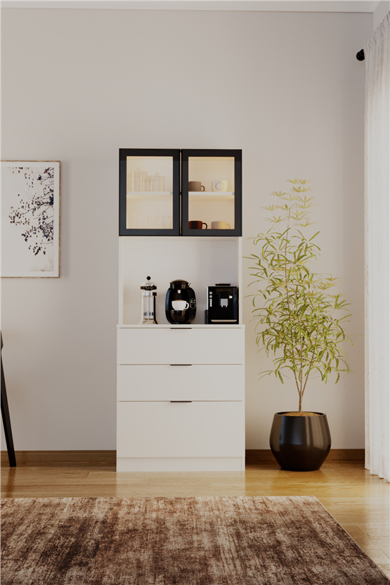 Evdemo Sierra Temperli Cam Kapaklı Ledli Kahve Köşesi Mutfak Kiler Dolabı Beyaz