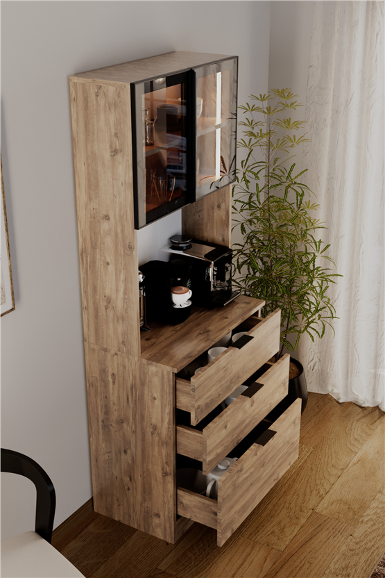 Evdemo Sierra Temperli Cam Kapaklı Ledli Kahve Köşesi Mutfak Kiler Dolabı Çam