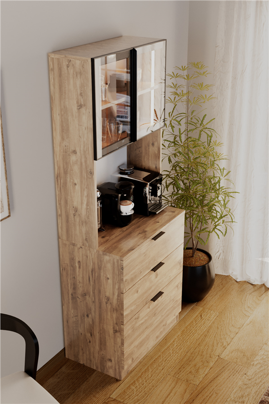 Evdemo Sierra Temperli Cam Kapaklı Ledli Kahve Köşesi Mutfak Kiler Dolabı Çam