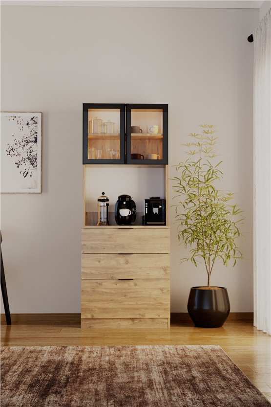 Evdemo Sierra Temperli Cam Kapaklı Ledli Kahve Köşesi Mutfak Kiler Dolabı Çam