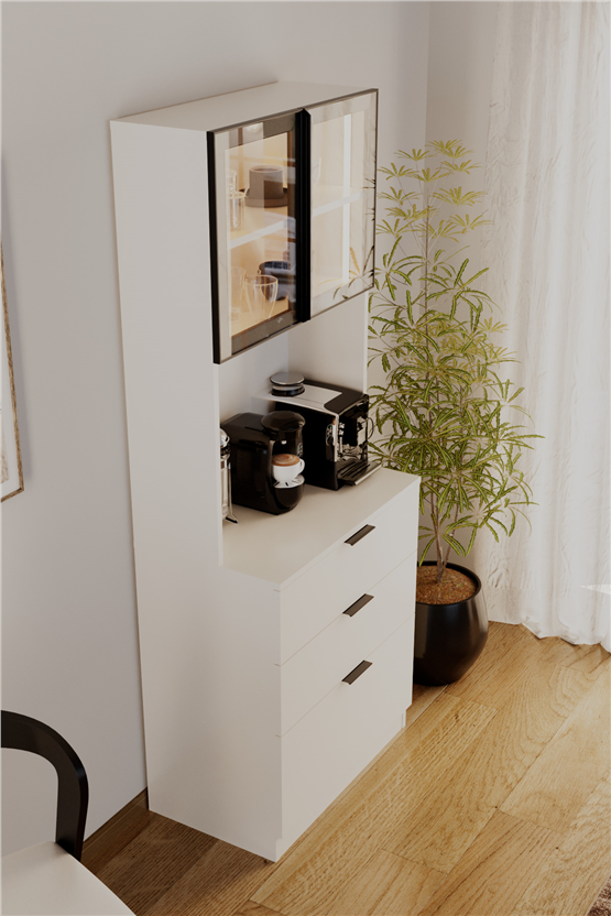 Evdemo Sierra Temperli Cam Kapaklı Ledli Kahve Köşesi Mutfak Kiler Dolabı Beyaz