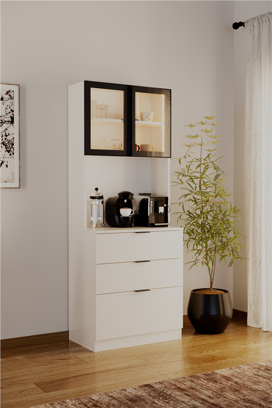 Evdemo Sierra Temperli Cam Kapaklı Ledli Kahve Köşesi Mutfak Kiler Dolabı Beyaz