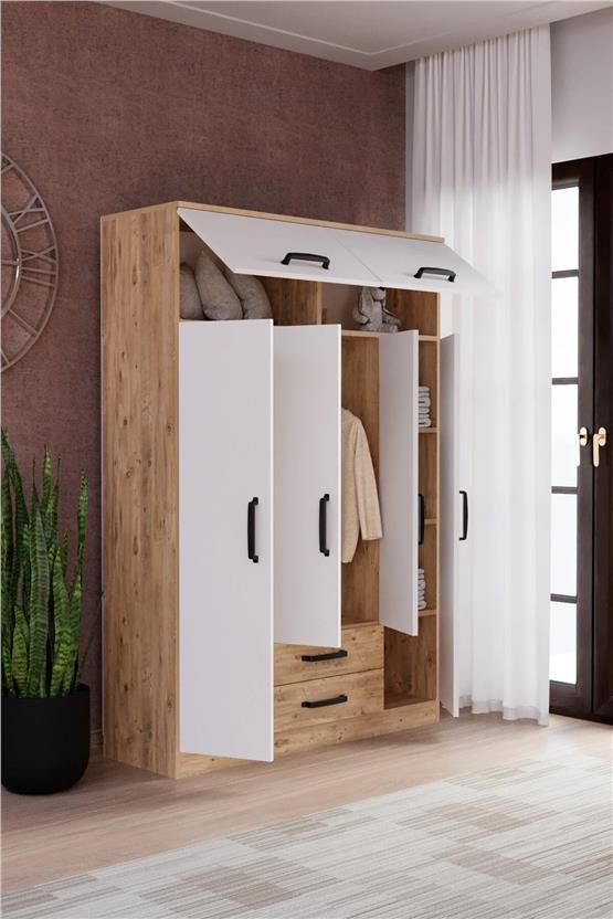 Evdemo Tema 6 Kapak 2 Çekmeceli Gardırop Atlantik Çam Beyaz