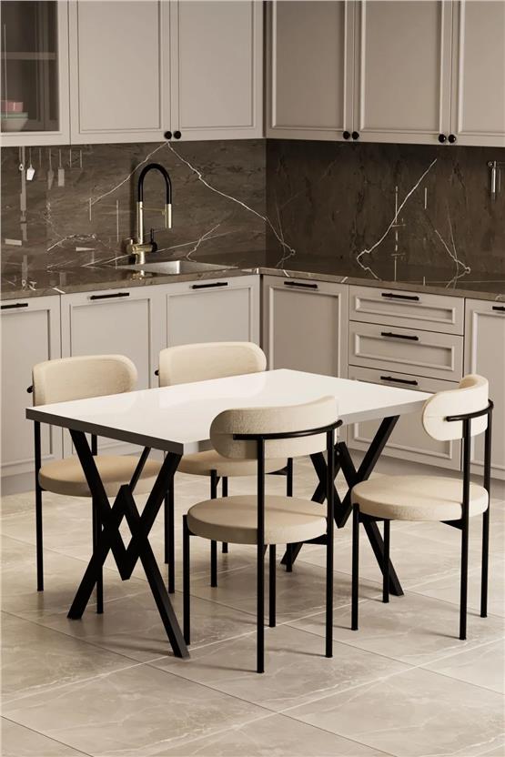 Evdemo Trend 4 Kişilik Mutfak Masa Takımı Beyaz-Krem-Siyah