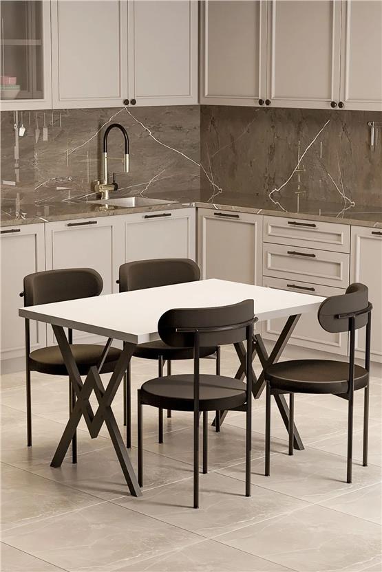 Evdemo Trend 4 Kişilik Mutfak Masa Takımı Beyaz-Siyah-Siyah