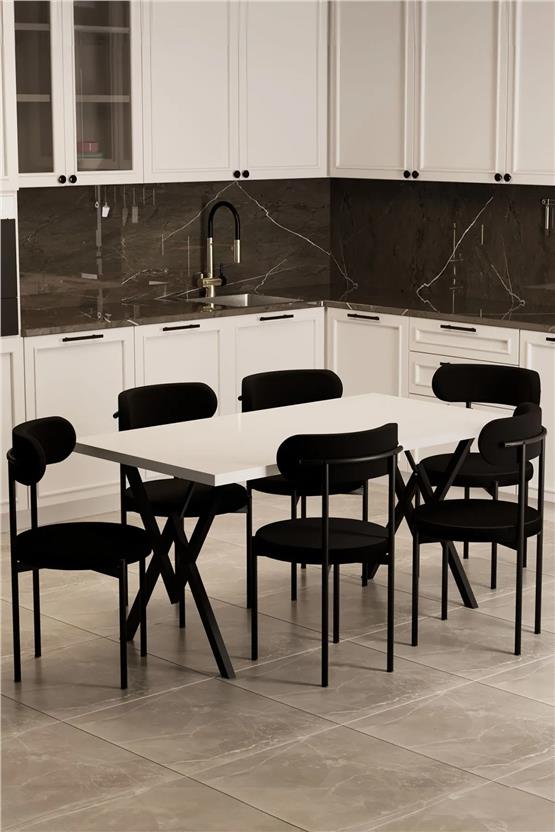 Evdemo Trend 6 Kişilik Mutfak Masa Takımı Beyaz-Siyah-Siyah