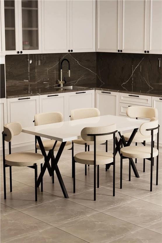 Evdemo Trend 6 Kişilik Mutfak Masa Takımı Beyaz-Krem-Siyah