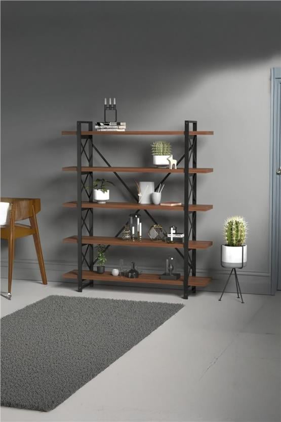 Evdemo Wood Metal Kitaplık Ceviz