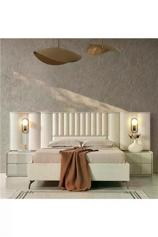 Eymense Akra Panolu Komodinli Bazalı Karyola Krem