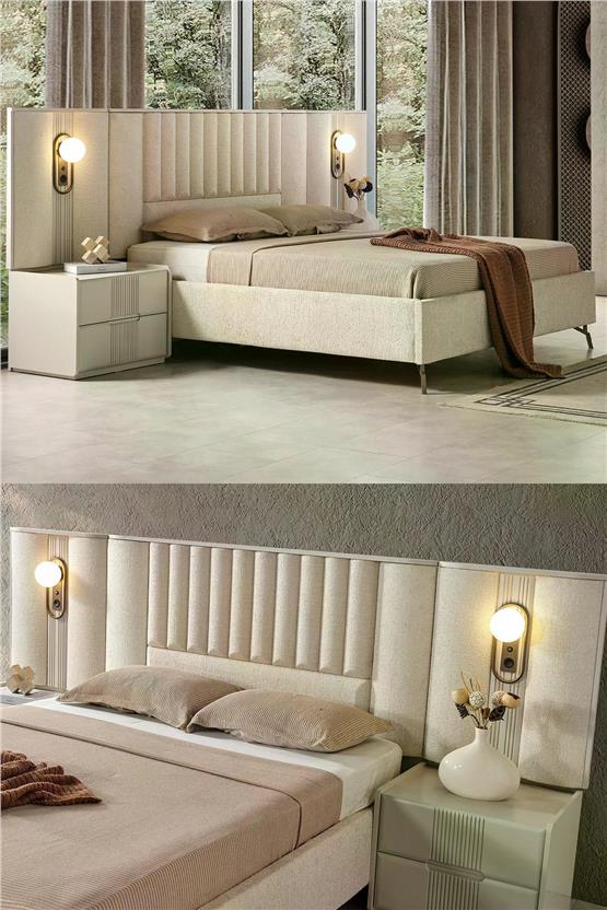 Eymense Akra Panolu Komodinli Bazalı Karyola Krem