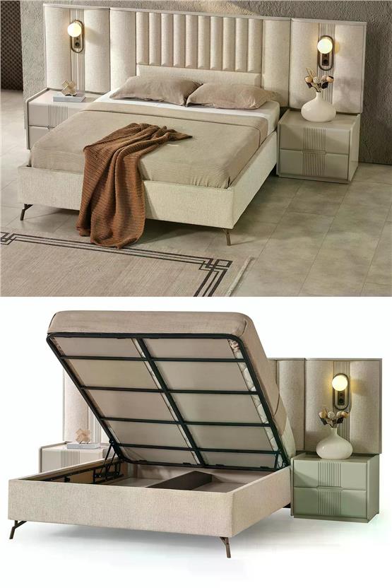 Eymense Akra Panolu Komodinli Bazalı Karyola Krem