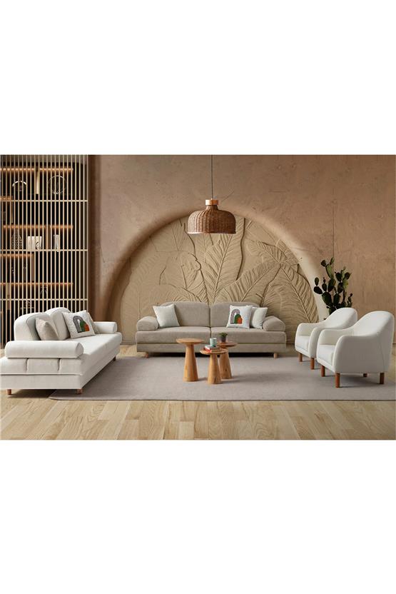 Eymense Aries Yataklı Sandıklı Koltuk Takımı 3+3+1+1 Sütlü Kahve