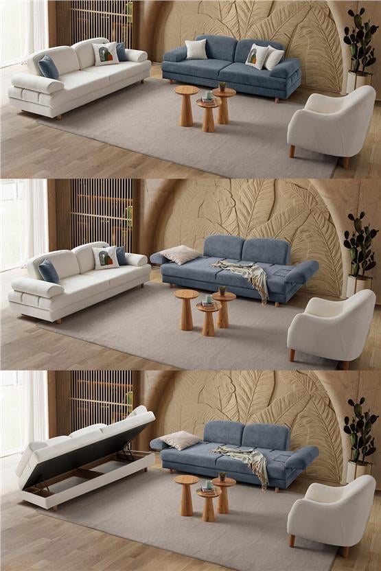 Eymense Aries Yataklı Sandıklı Koltuk Takımı 3+3+1 Mavi