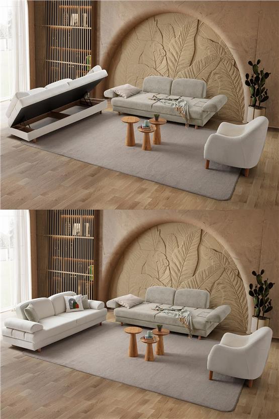 Eymense Aries Yataklı Sandıklı Koltuk Takımı 3+3+1 Sütlü Kahve
