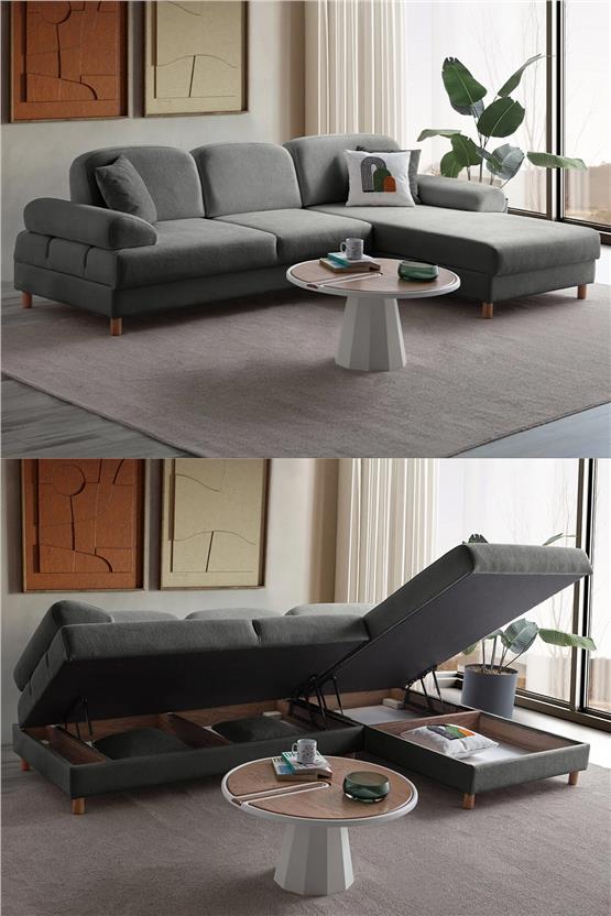 Eymense Aries Yataklı Sandıklı Köşe Takımı Antrasit Sağ Köşe