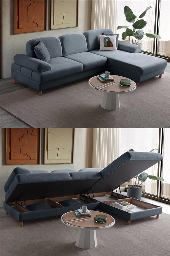 Eymense Aries Yataklı Sandıklı Köşe Takımı Mavi Sağ Köşe