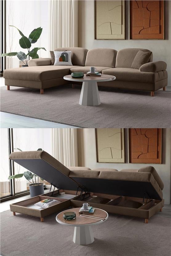 Eymense Aries Yataklı Sandıklı Köşe Takımı Kahverengi Sol Köşe