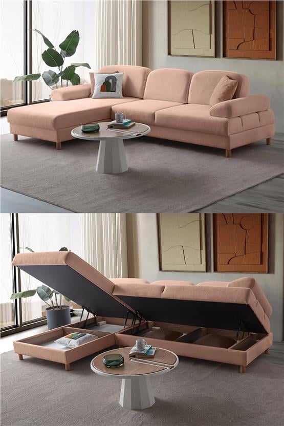 Eymense Aries Yataklı Sandıklı Köşe Takımı Pembe Sol Köşe