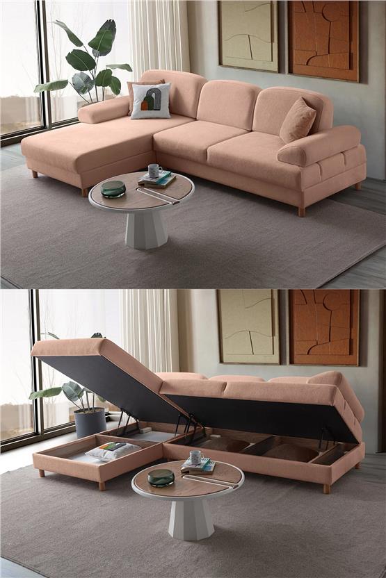 Eymense Aries Yataklı Sandıklı Köşe Takımı Pembe Sol Köşe