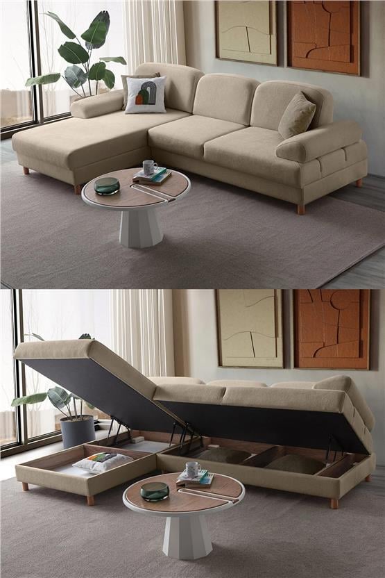 Eymense Aries Yataklı Sandıklı Köşe Takımı Sütlü Kahve Sol Köşe