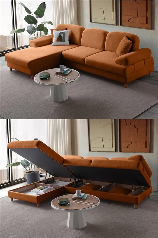 Eymense Aries Yataklı Sandıklı Köşe Takımı Turuncu Sol Köşe